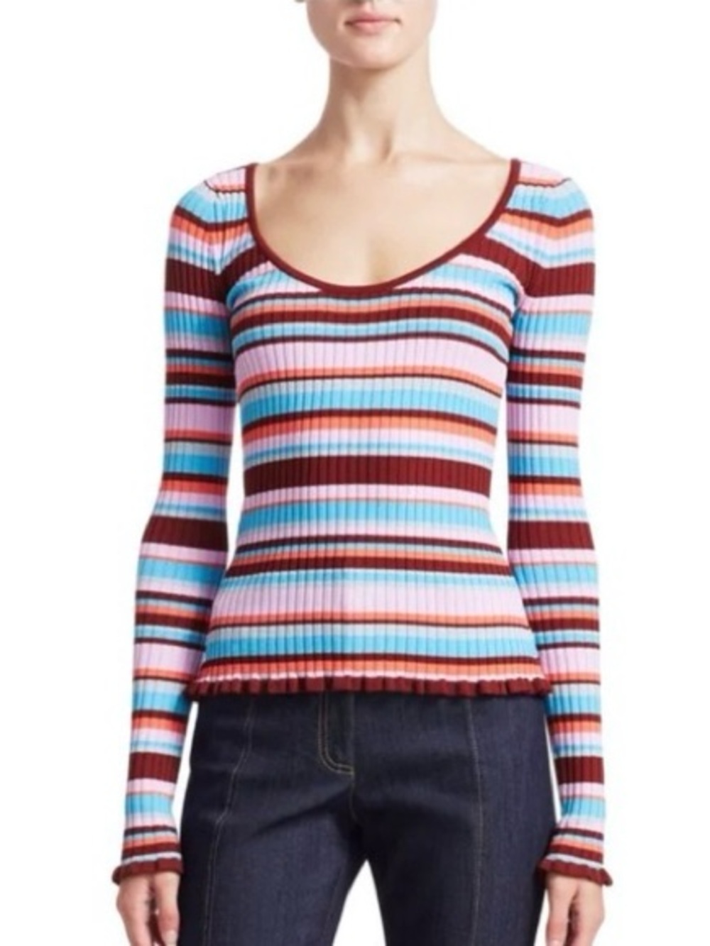 Cinq a Sept Ribbed Multicolor Striped Long Sleeve Form Fit Sweater Small *Flawed